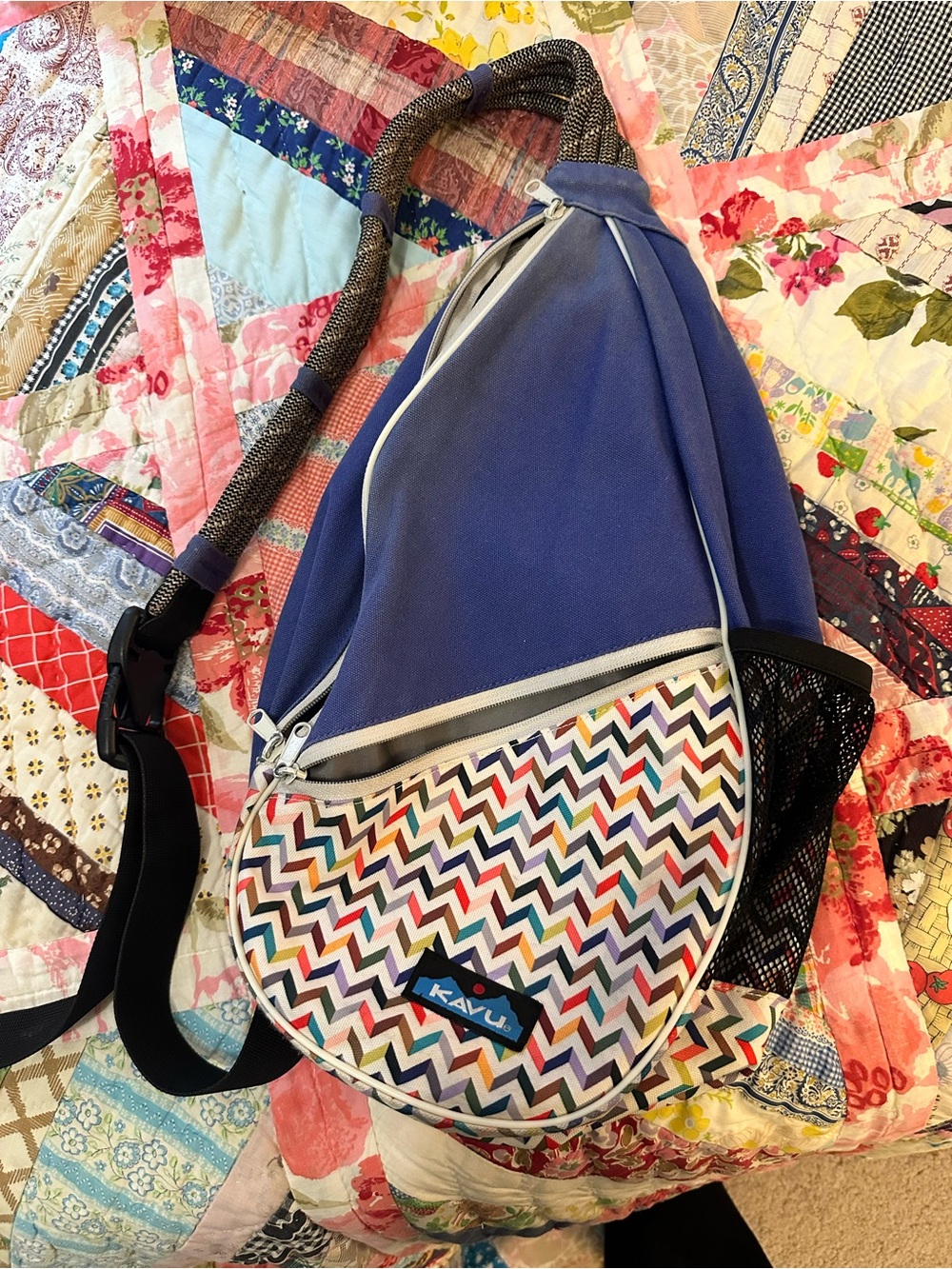 Kavu Blue Sling Bag with Multicolor Chevron Pocket